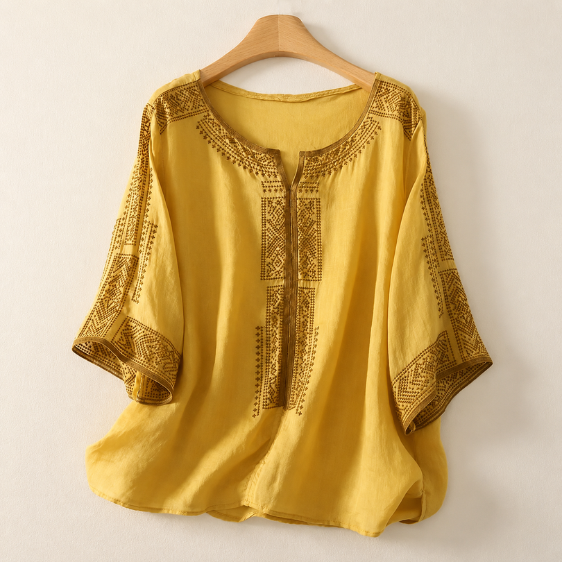 Prune - Damesblouse van geborduurd linnen met driekwartmouwen