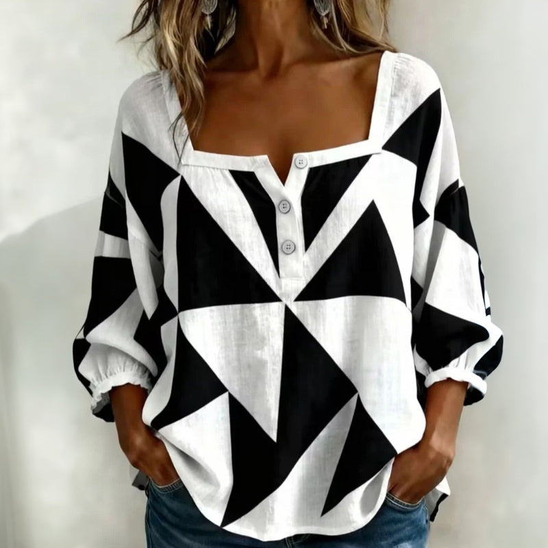 Magnolia - Dames blouse met geometrisch patroon, vierkante hals en decoratieve knopen