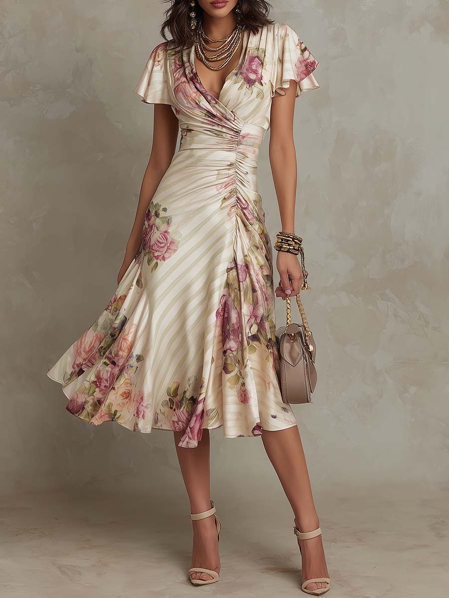 Daxirae - Elegante Midi Jurk voor Vrouwen met Bloemen Drapé voor Chic Uitjes