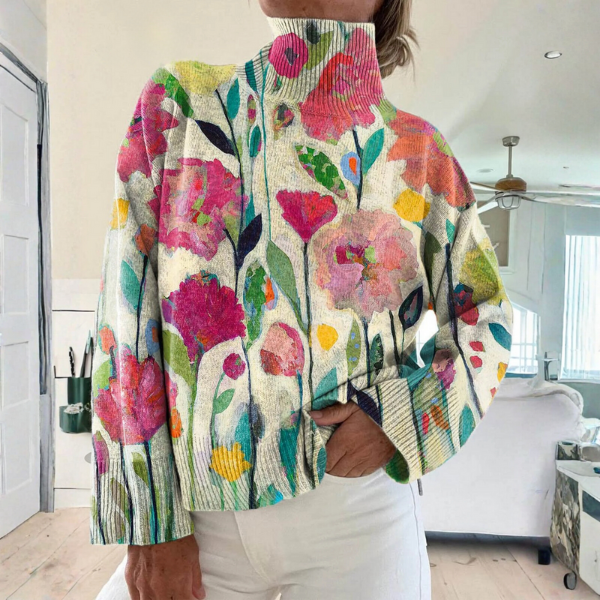 Faylorine - Pullover Met Hoge Col en Bloemenprint