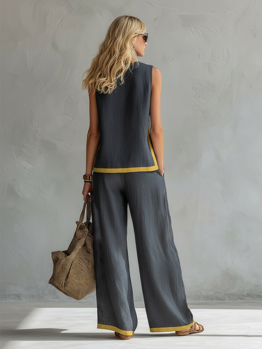 Tavindra - Elegante Katoen Linnen Set voor Dames – Mouwloos Top & Wijde Broek