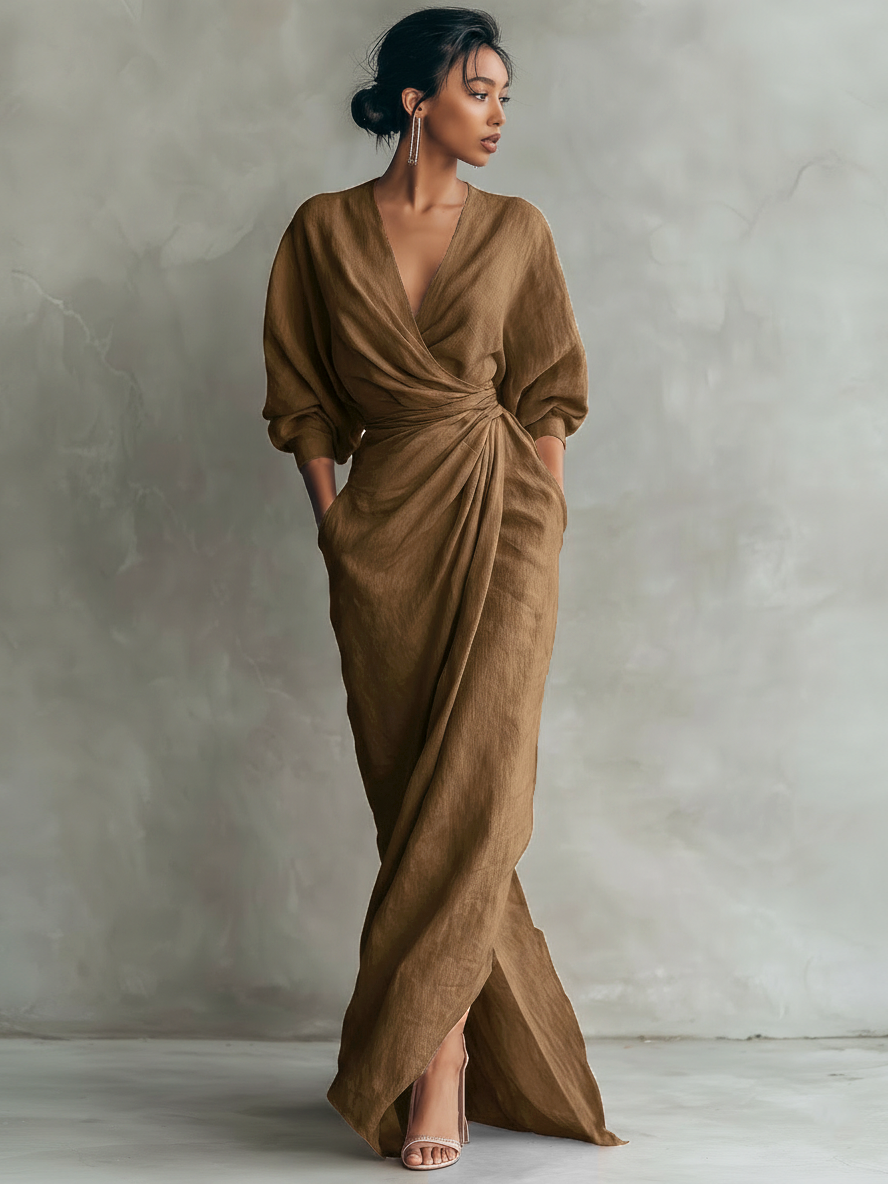 Talyvora - Elegante maxi jurk voor dames van linnen met V-hals
