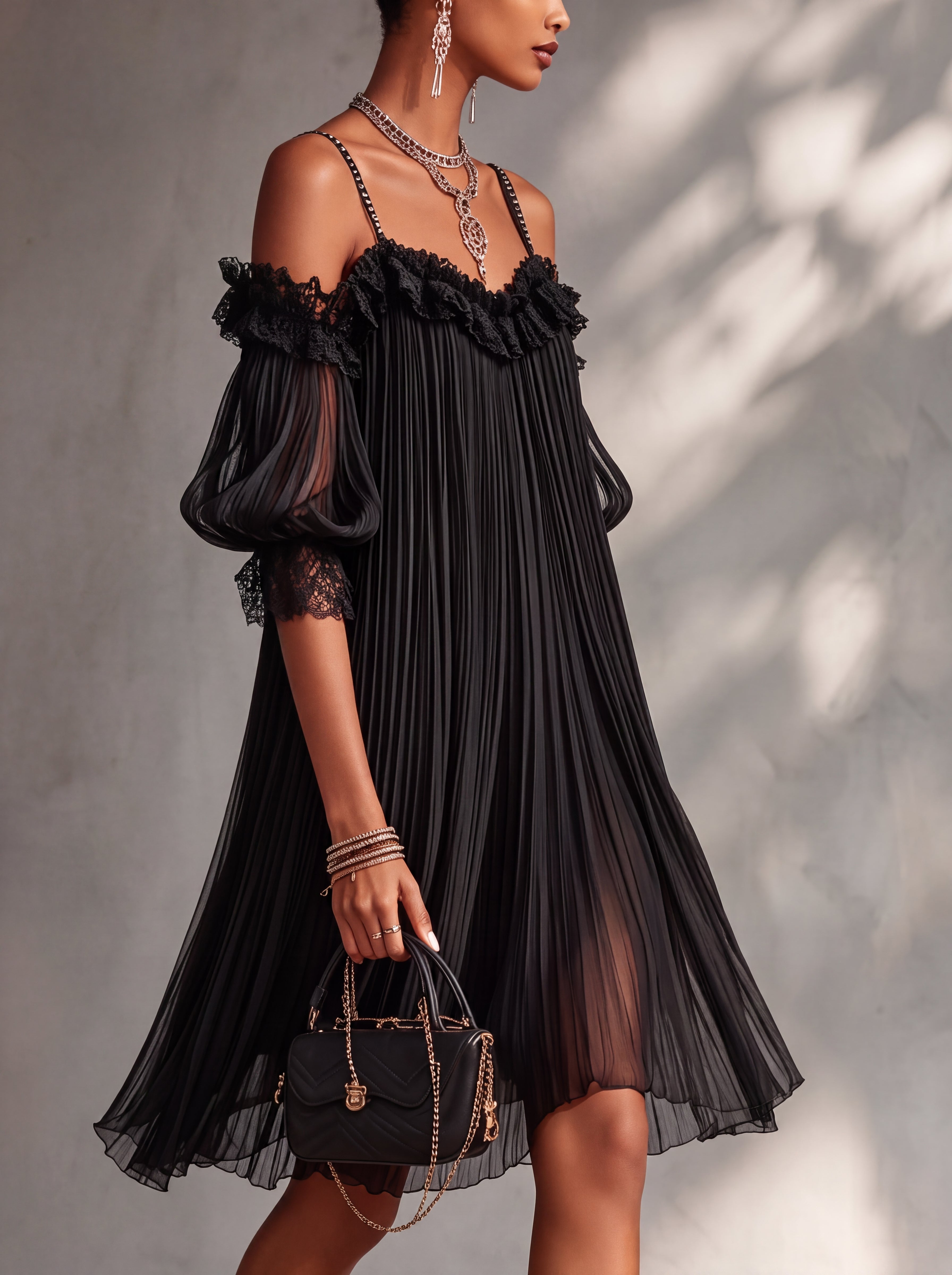 Ksenia - Mini zwarte chiffon jurk voor vrouwen met schoudervakken en kant