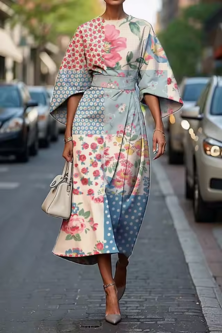 Havirelle - Elegante midi bloemenjurk voor dames met vloeiende mouwen en artistieke print
