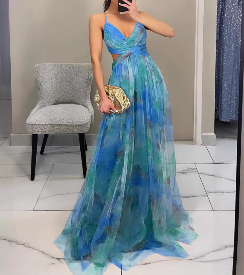 Helena - Maxi Jurk Vrouw Fluide Met V-Hals Fijne Bandjes Elegante Bloemmotieven