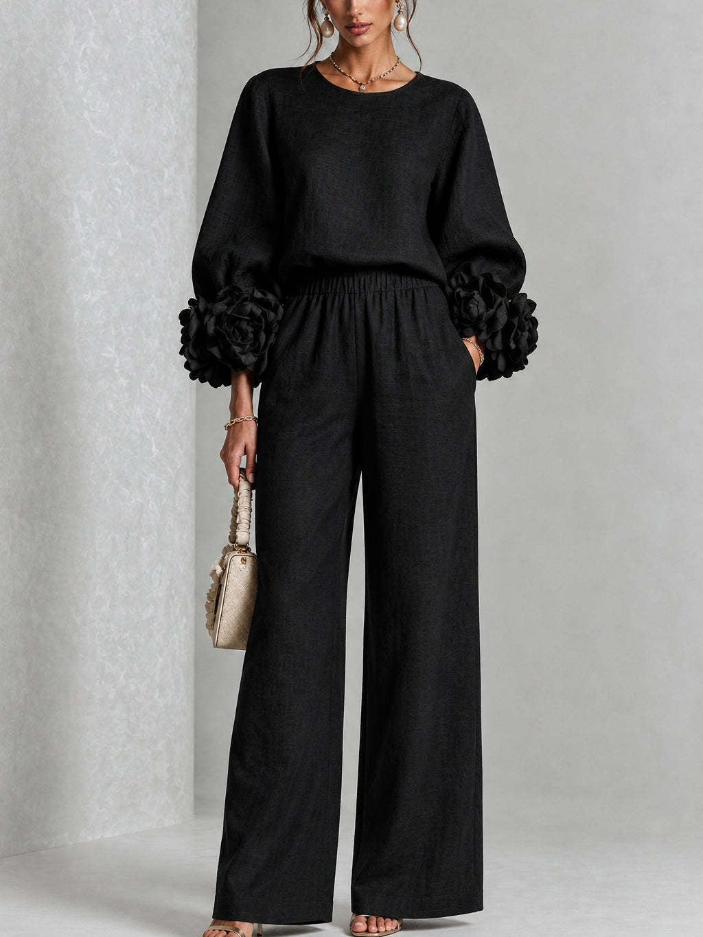 Marloes - Vrouwen tweedelig ensemble met elegante bloemenmouwen