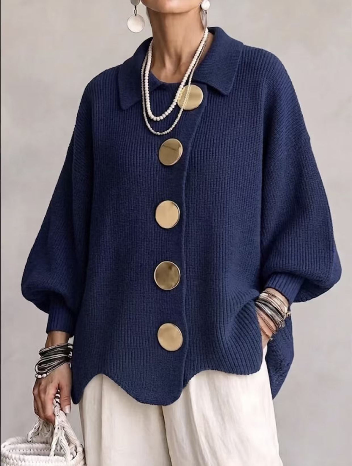 Daniëlle - Dames oversized cardigan met knoopkraag in ribbrei