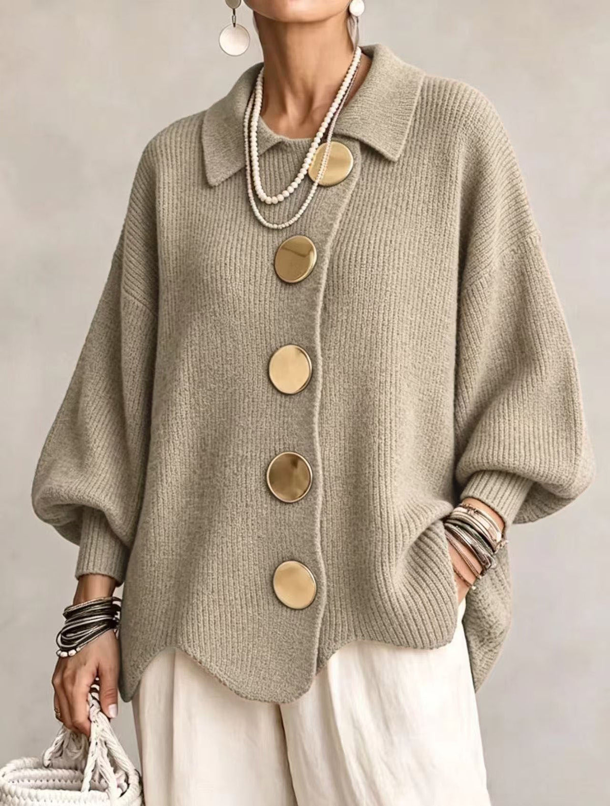 Daniëlle - Dames oversized cardigan met knoopkraag in ribbrei