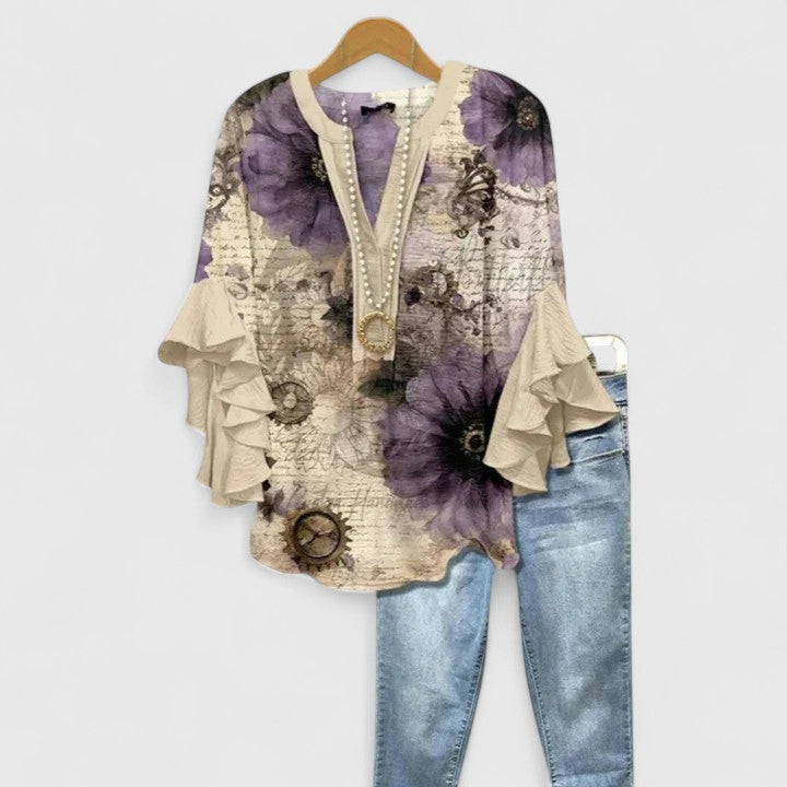 Myravelle - Damesblouse met bohemien print en elegante volantmouwen