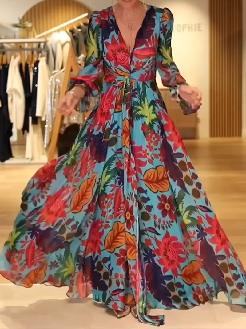 Savelie - Lange Bloemenjurk Met V-Hals Elegant