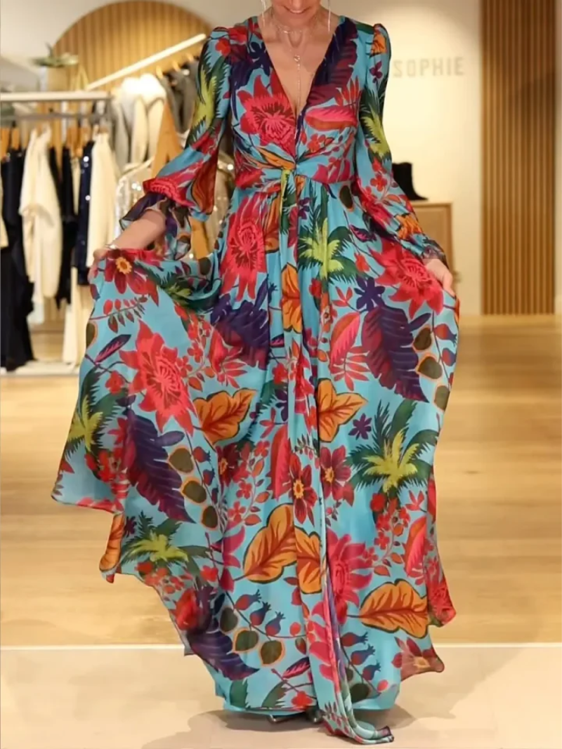 Savelie - Lange Bloemenjurk Met V-Hals Elegant