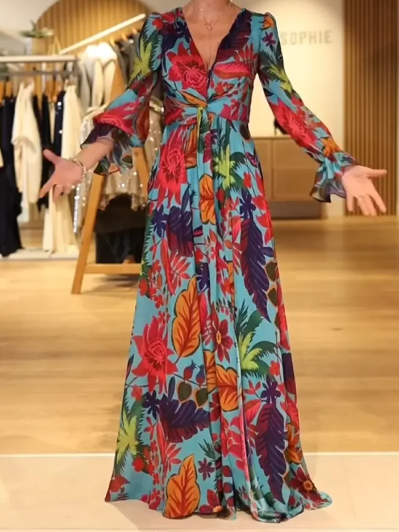 Savelie - Lange Bloemenjurk Met V-Hals Elegant