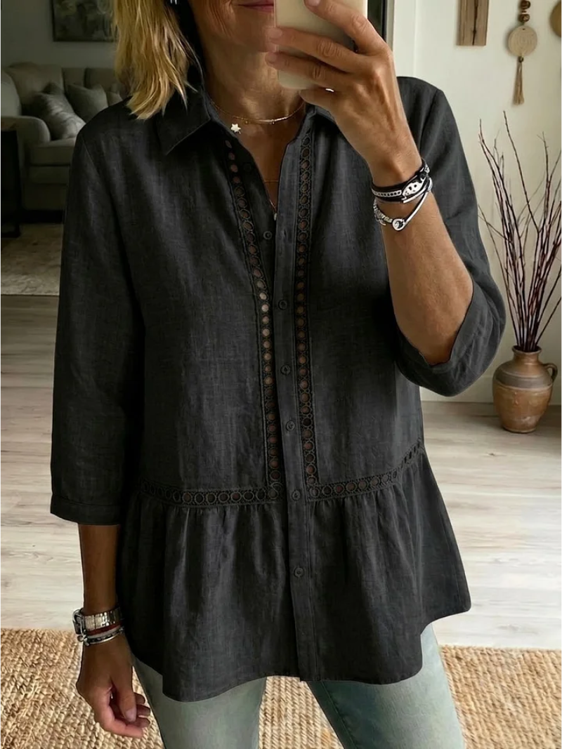 Nyvora - Vrouwen blouse met knopen, klassieke kraag, elegante uitsparingen