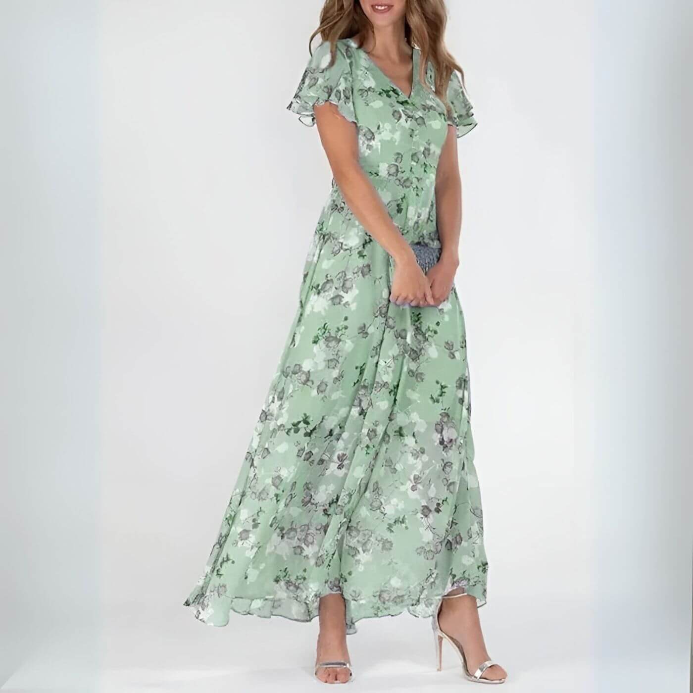 Sorevixa - Elegante maxi jurk voor vrouwen met bloemen en een vloeiende V-hals