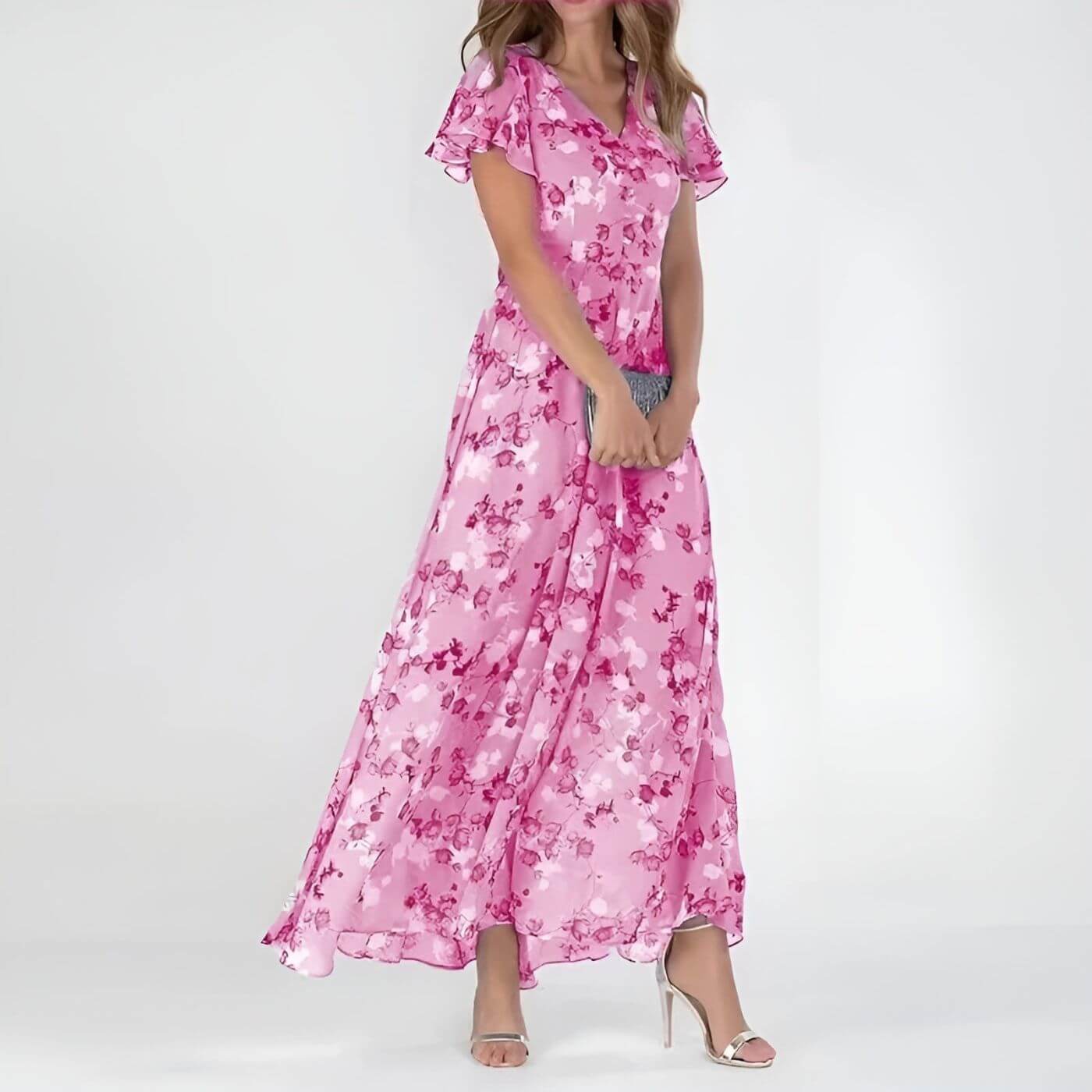Sorevixa - Elegante maxi jurk voor vrouwen met bloemen en een vloeiende V-hals