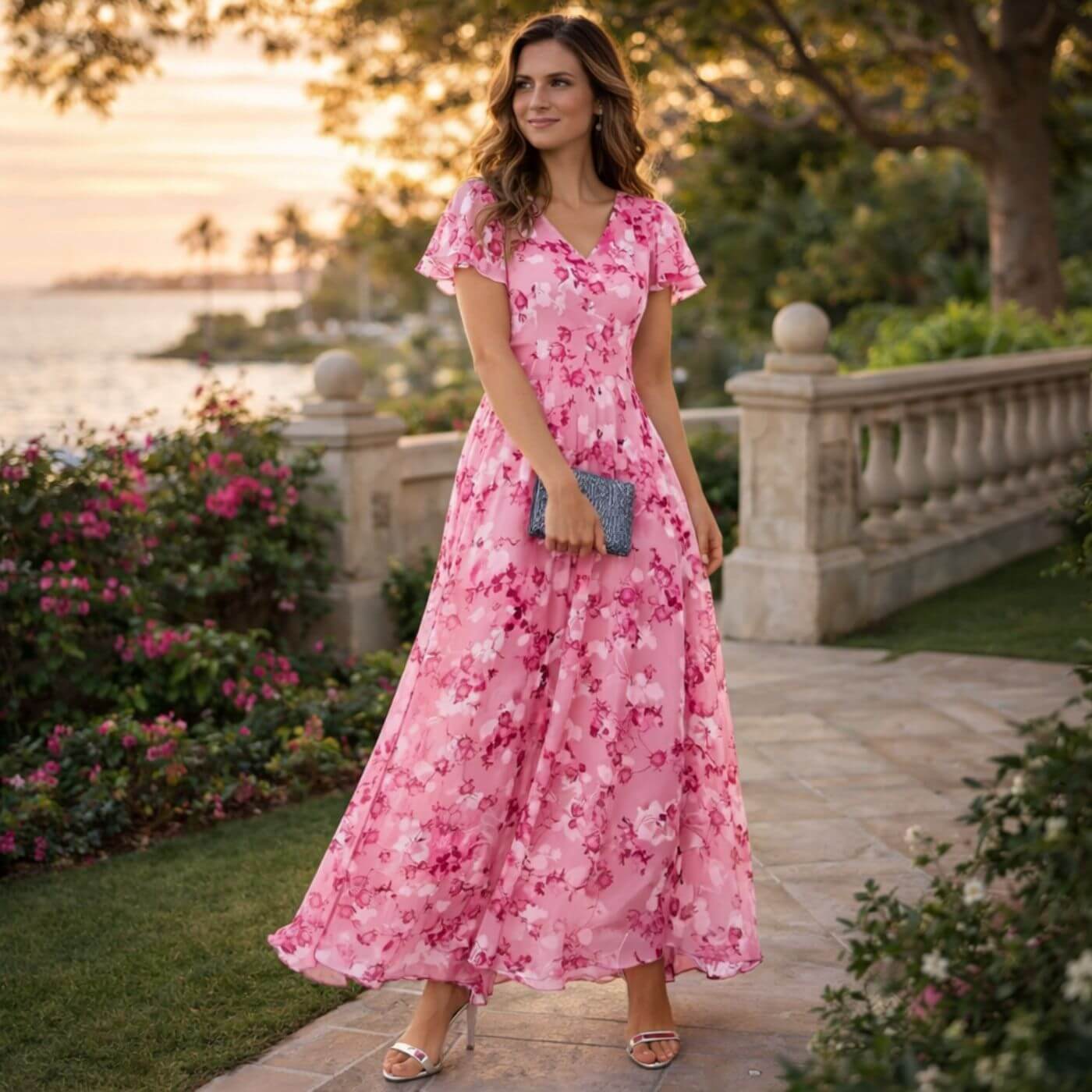 Sorevixa - Elegante maxi jurk voor vrouwen met bloemen en een vloeiende V-hals