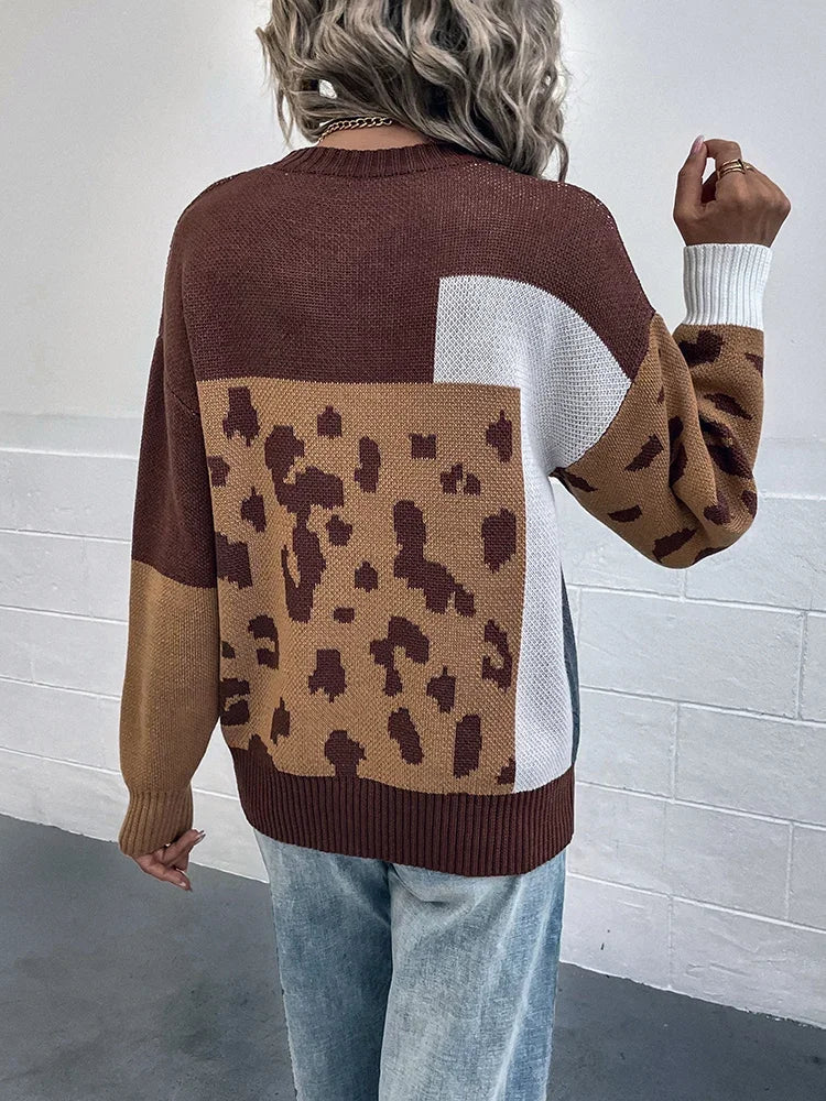 Kalirienne - Gebreide Patchwork Trui met Luipaardprint