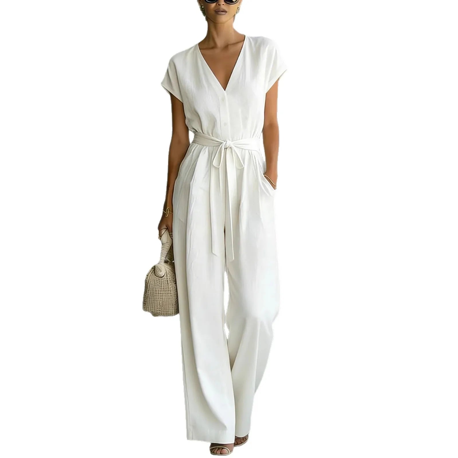 Calyne - Witte dames jumpsuit met V-hals en riem