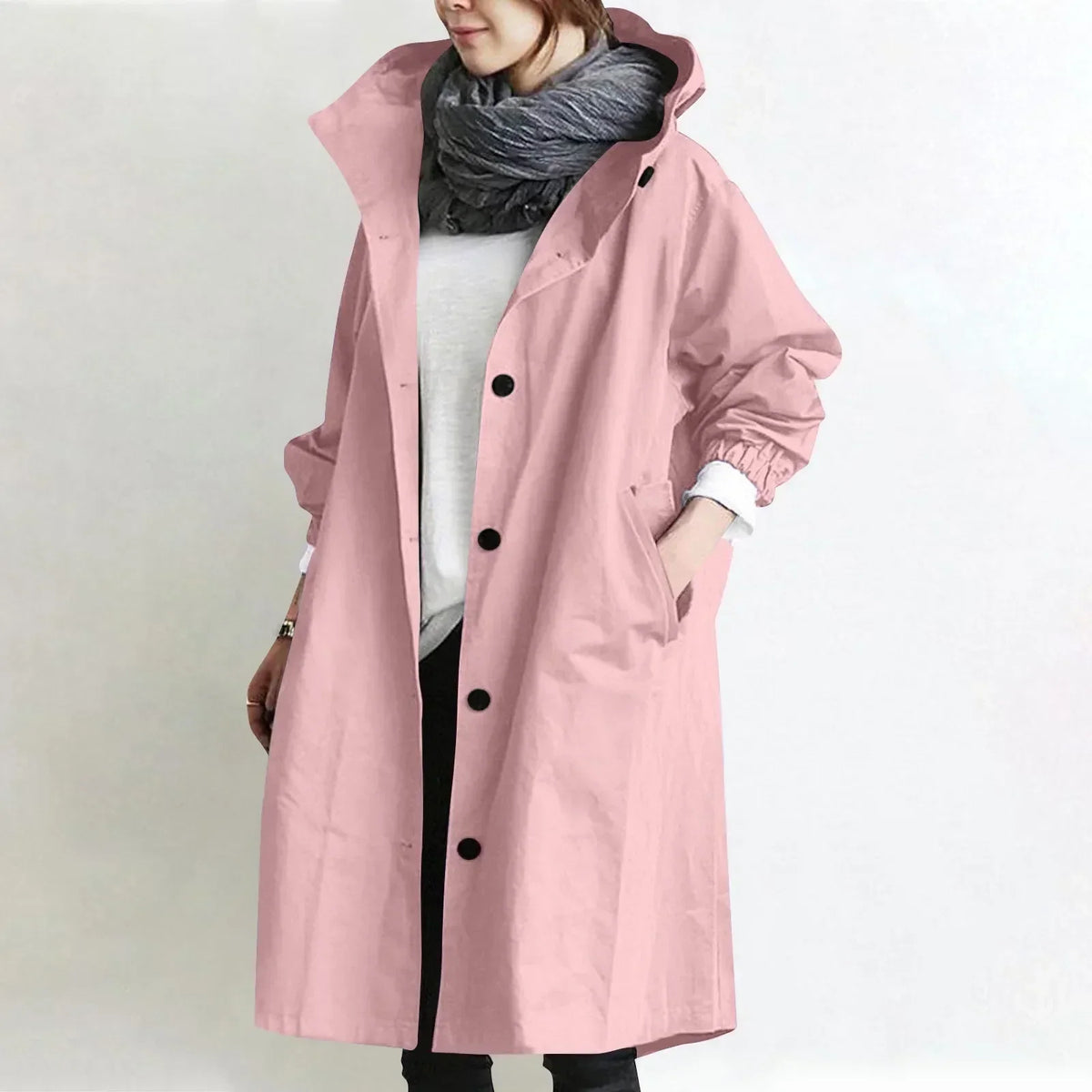 Bregtje - Lange trenchcoat voor dames met capuchon en knopen, met zakken