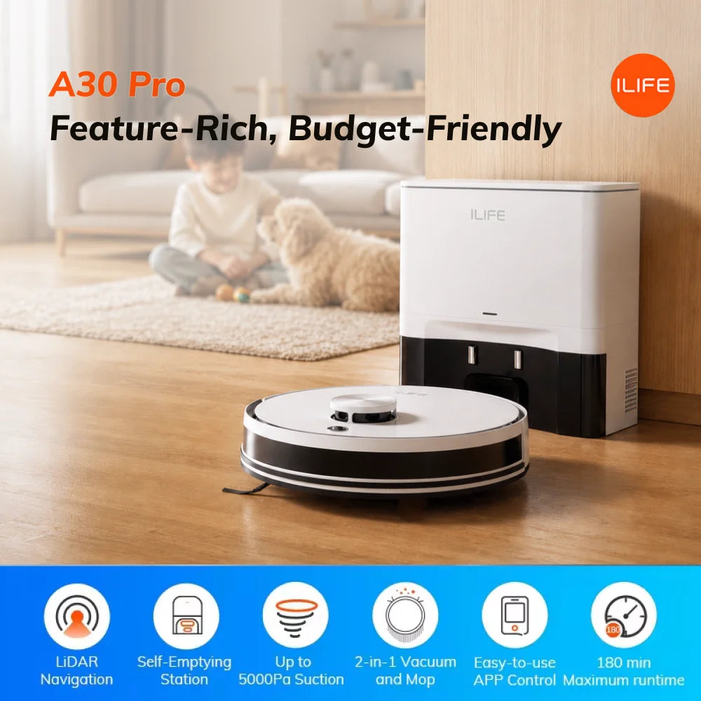 ILIFE A30 Pro robotstofzuiger met automatisch zelfleegstation, 5000 Pa sterke zuigkracht, LDS-navigatie, 180 minuten gebruiksduur, 2-in-1 dweil- en stofzuigfunctie, bediening via app, voor het reinigen van vloeren en tapijten in huis.