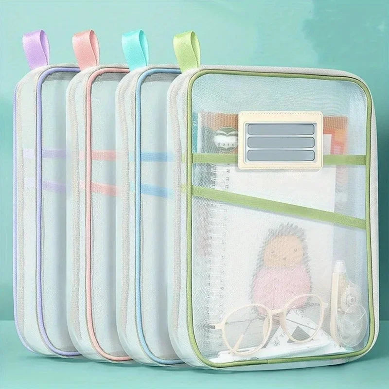 Sac de rangement A4 à fermeture éclair en nylon, pochette transparente en tissu maillé épais à trois couches pour documents, livres, fournitures de bureau et scolaires