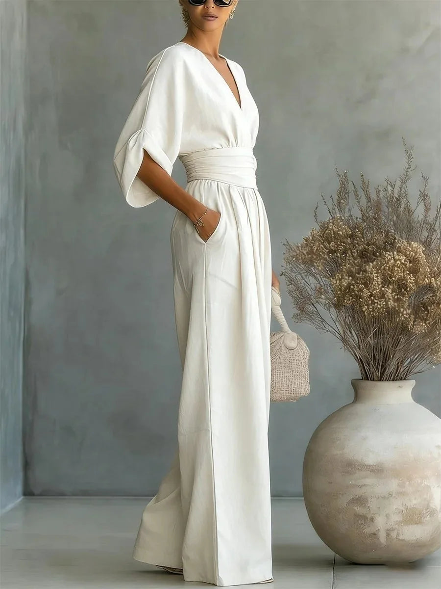 Helyrae - Dames Jumpsuit Met V-Hals Gedefinieerde Taille Elegante Vloeiende Pasvorm