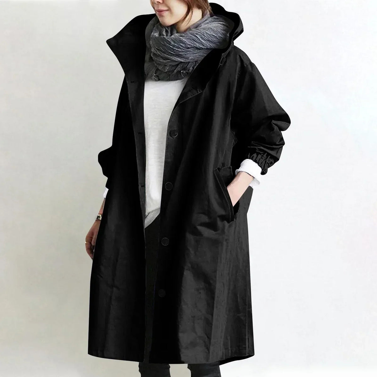 Bregtje - Lange trenchcoat voor dames met capuchon en knopen, met zakken