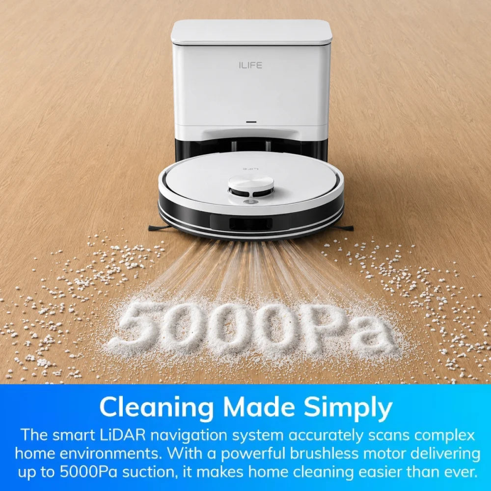 ILIFE A30 Pro robotstofzuiger met automatisch zelfleegstation, 5000 Pa sterke zuigkracht, LDS-navigatie, 180 minuten gebruiksduur, 2-in-1 dweil- en stofzuigfunctie, bediening via app, voor het reinigen van vloeren en tapijten in huis.