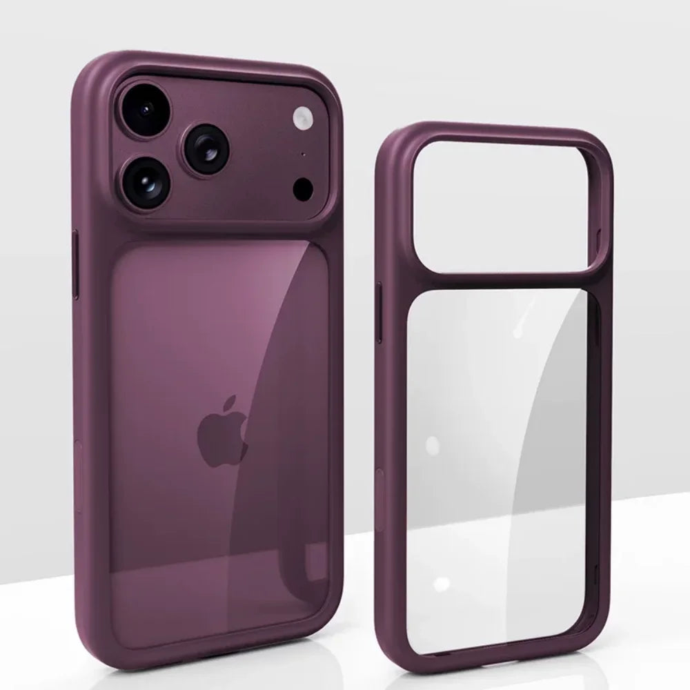Coque de téléphone transparente de luxe bordeaux pour iPhone 17 18 Pro Max 17 18Pro, boutons métalliques, toucher peau, AI Touch, coque de protection antichoc