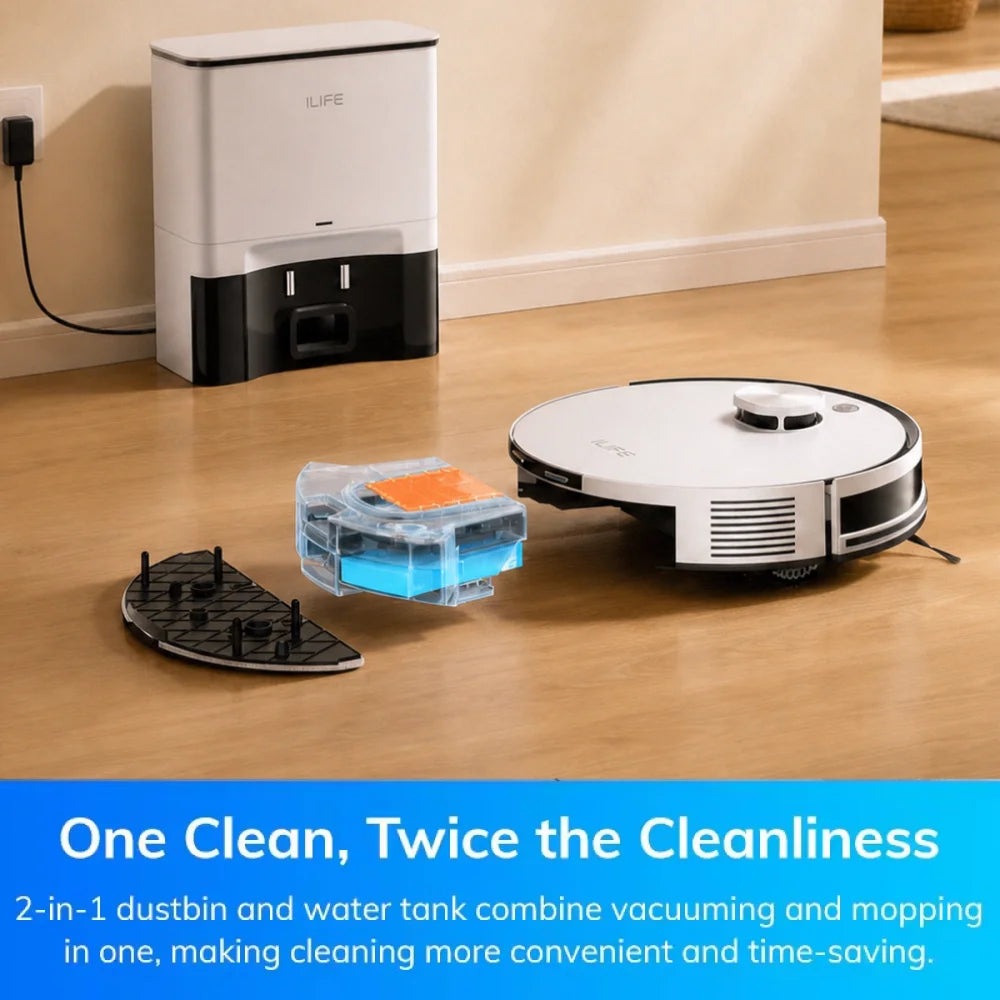 ILIFE A30 Pro robotstofzuiger met automatisch zelfleegstation, 5000 Pa sterke zuigkracht, LDS-navigatie, 180 minuten gebruiksduur, 2-in-1 dweil- en stofzuigfunctie, bediening via app, voor het reinigen van vloeren en tapijten in huis.