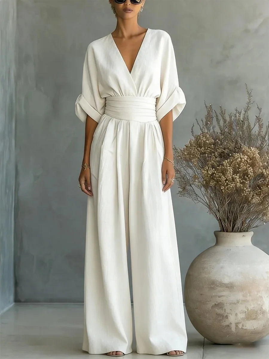 Helyrae - Dames Jumpsuit Met V-Hals Gedefinieerde Taille Elegante Vloeiende Pasvorm