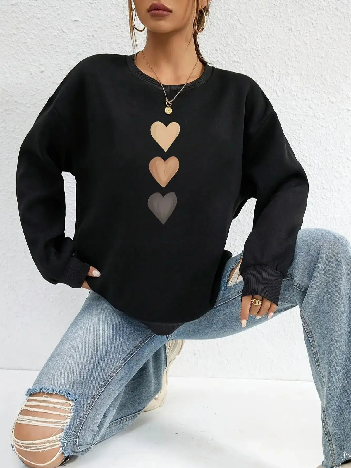 Belle - Sweatshirt voor Vrouwen met Bedrukt Drie Hartjes, Casual met Lange Mouwen