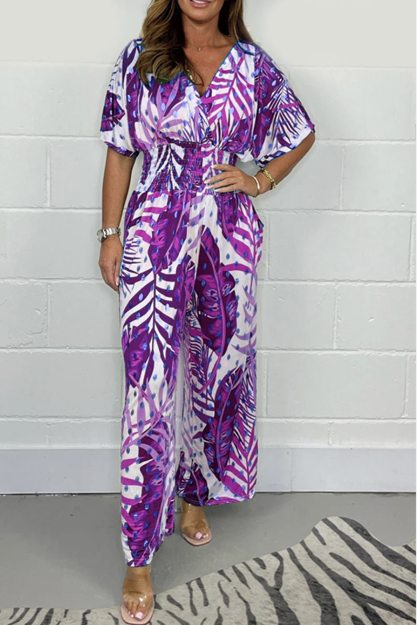 Lucia - Vrouwelijke tropische jumpsuit met korte mouwen en V-hals