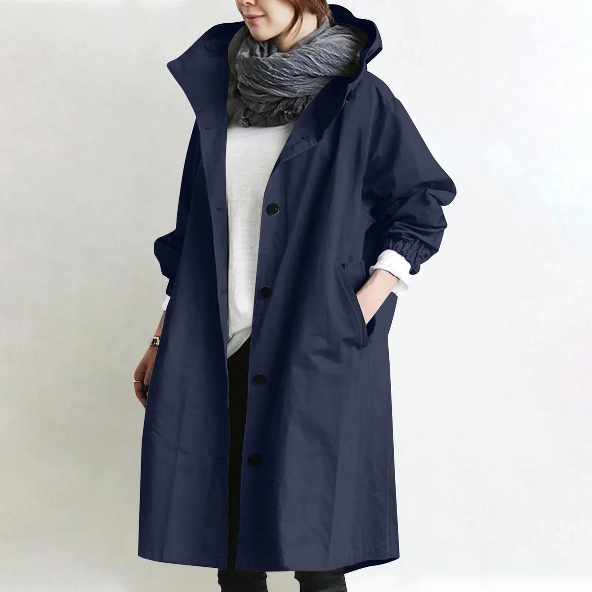 Bregtje - Lange trenchcoat voor dames met capuchon en knopen, met zakken