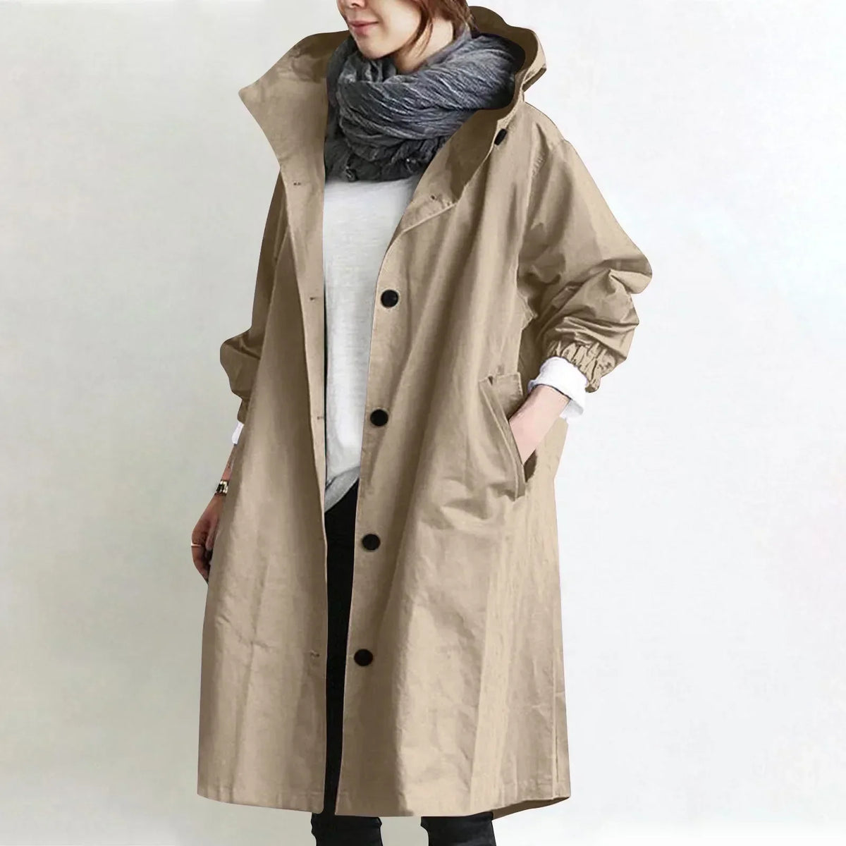 Bregtje - Lange trenchcoat voor dames met capuchon en knopen, met zakken