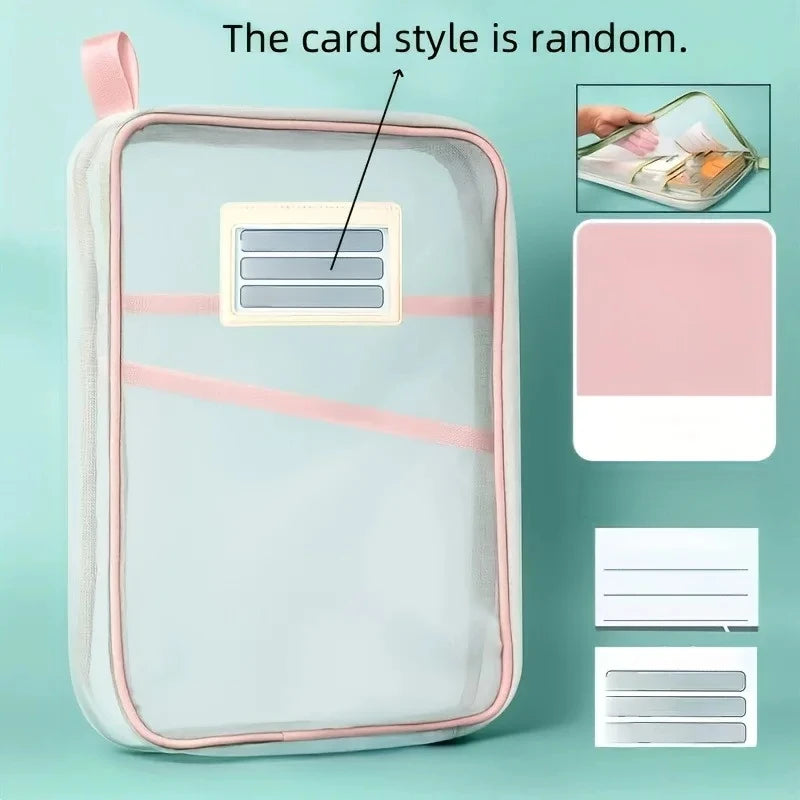 Sac de rangement A4 à fermeture éclair en nylon, pochette transparente en tissu maillé épais à trois couches pour documents, livres, fournitures de bureau et scolaires