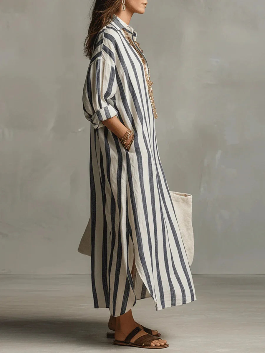 Pryxae - Lange Gestreepte Vrouwelijke Jurk Vloeiende Snit Ruime Casual Stijl Zomer
