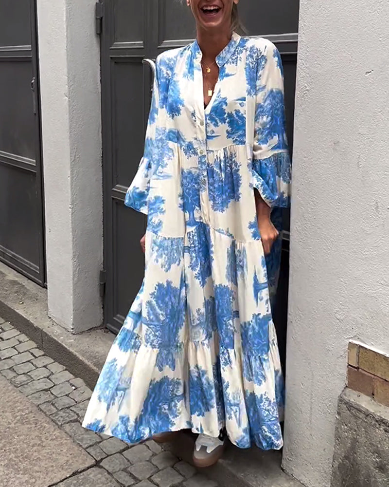 Greta - Losvallende Patchworkjurk met V-hals en Klokmouwen met Print