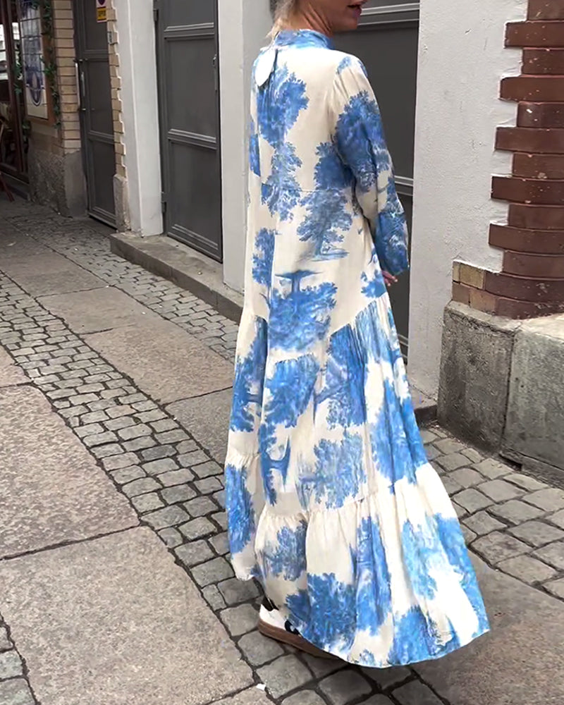 Greta - Losvallende Patchworkjurk met V-hals en Klokmouwen met Print