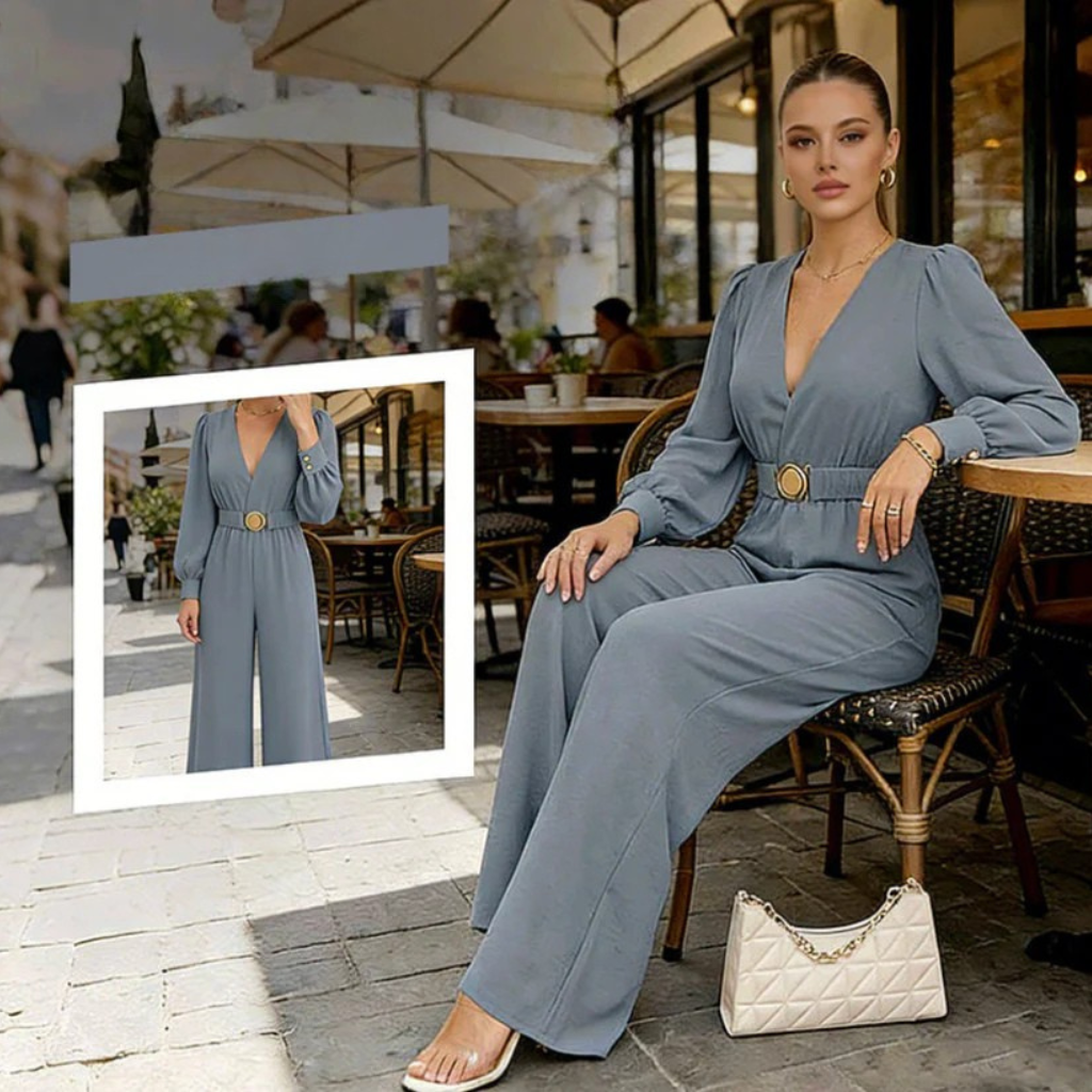 Jorethia - Dames jumpsuit met wijde pijpen V-hals ceintuur en pofmouwen