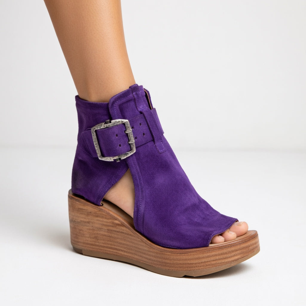 Kalyne - Dames wedge sandalen van suède met open teen en enkelbandje