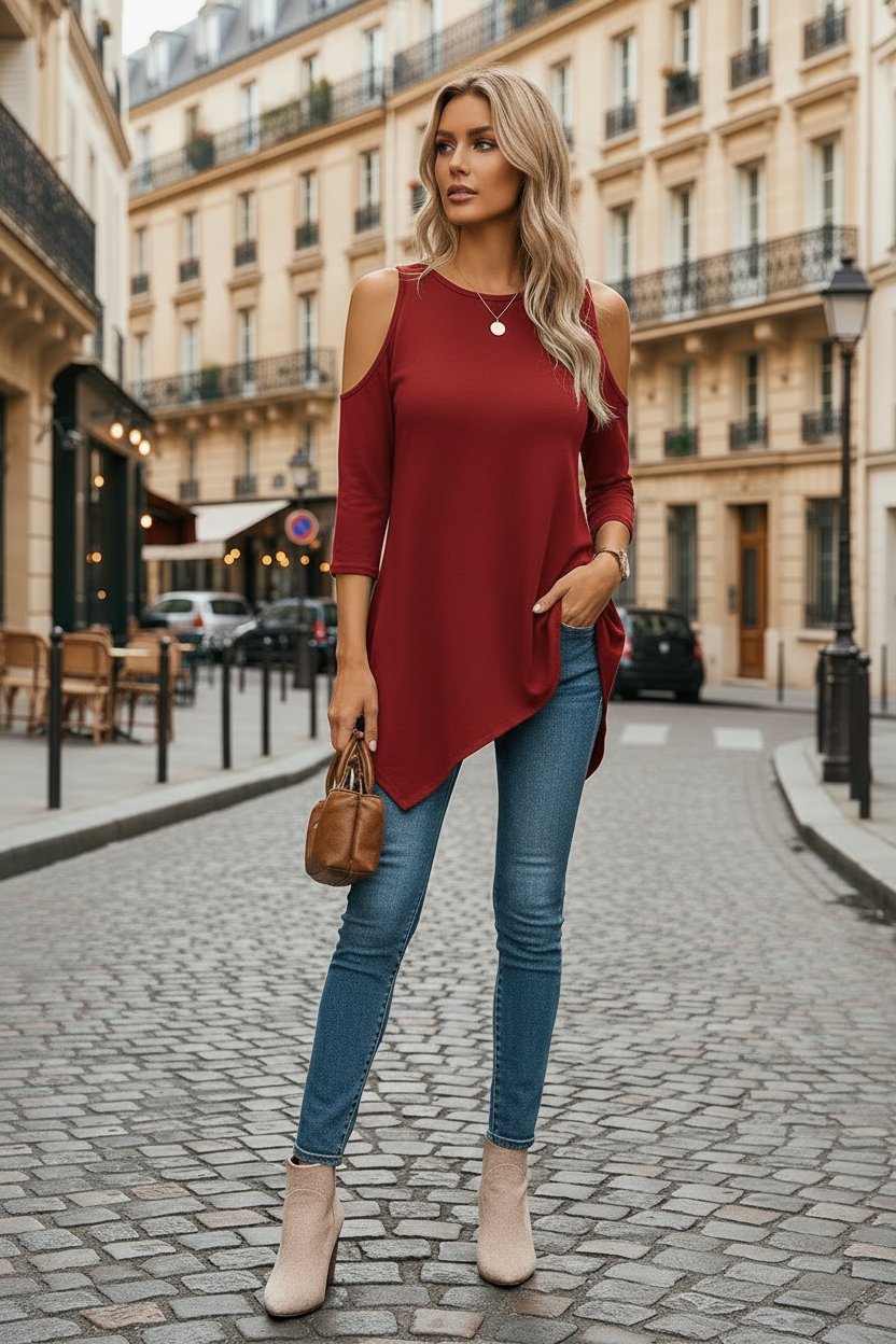 Delyxa - Dames Top Asymmetrische Snit Schouder Ontblote Moderne Stijl