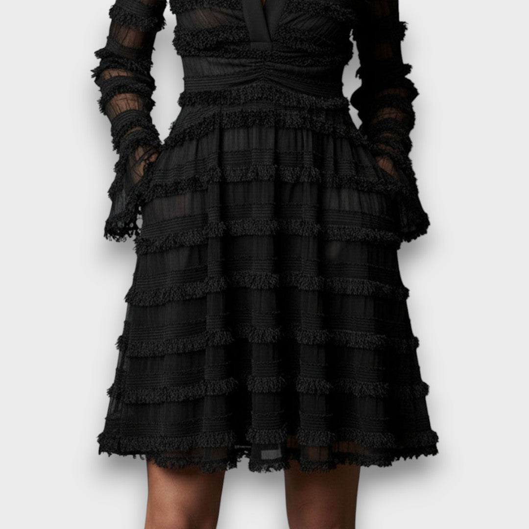 Hyacinthe - Elegante Midi Jurk met Transparante Franje