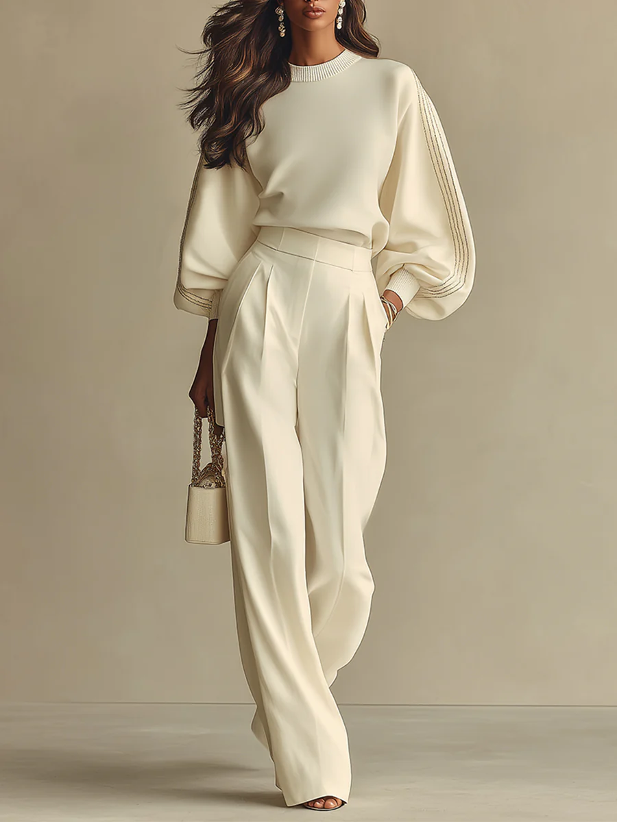 Oliveth - Elegant Vrouwen Ensemble Met Textuur Top en Vloeiende Brede Broek