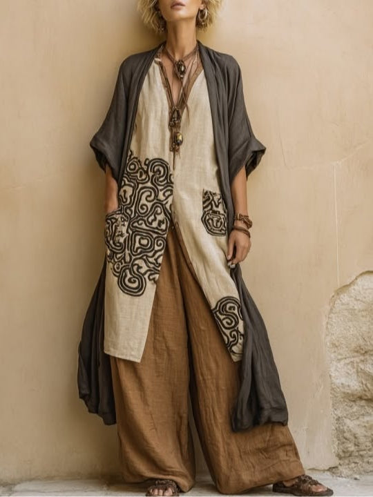 Dovixa - Dames Set Drie Stukken Ruime Snit Brede Broek Boheemse Stijl