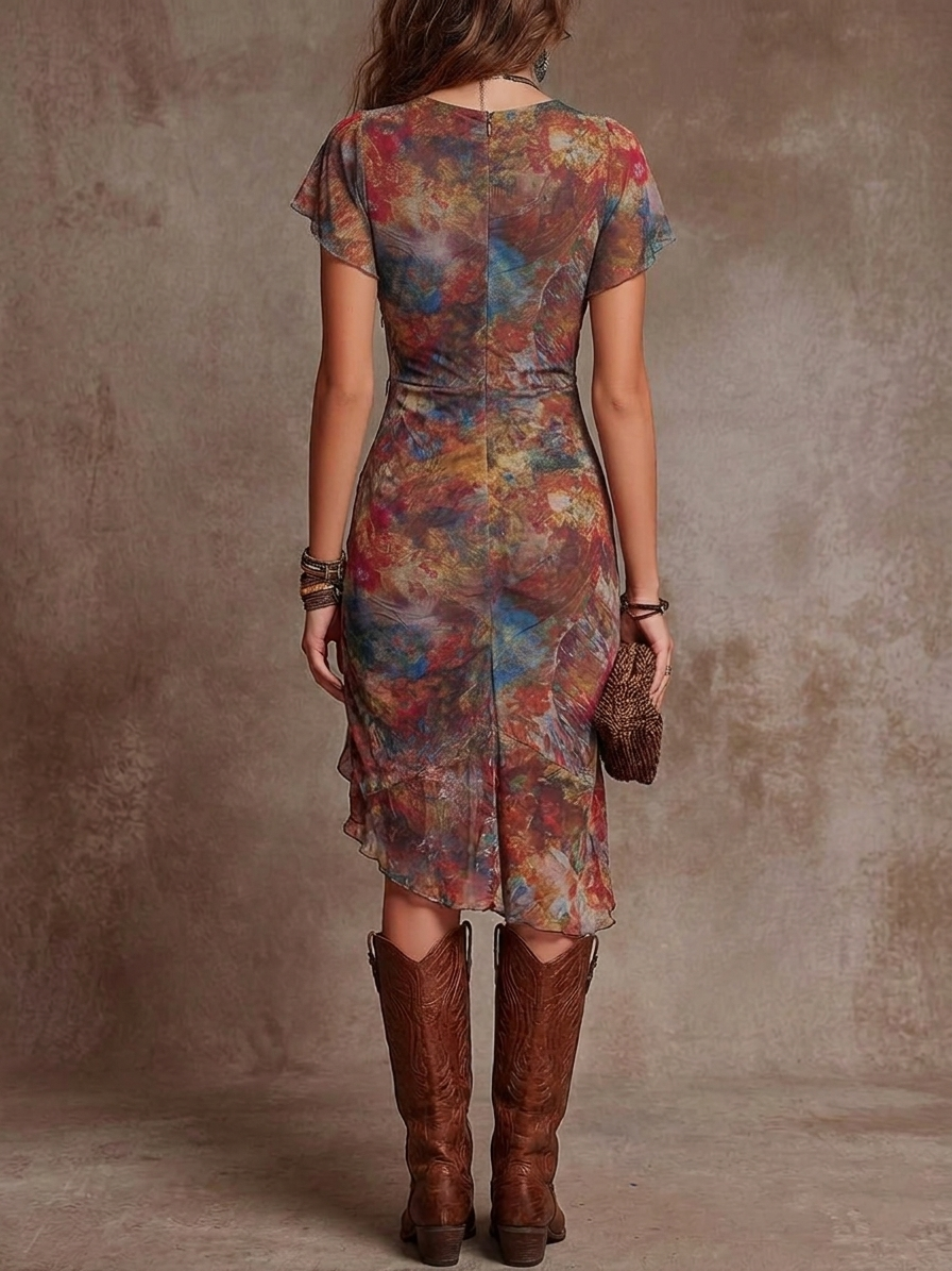 Syvra - Dames Boheemse Midi Jurk Abstracte Print V-Hals en Vloeiende Pasvorm