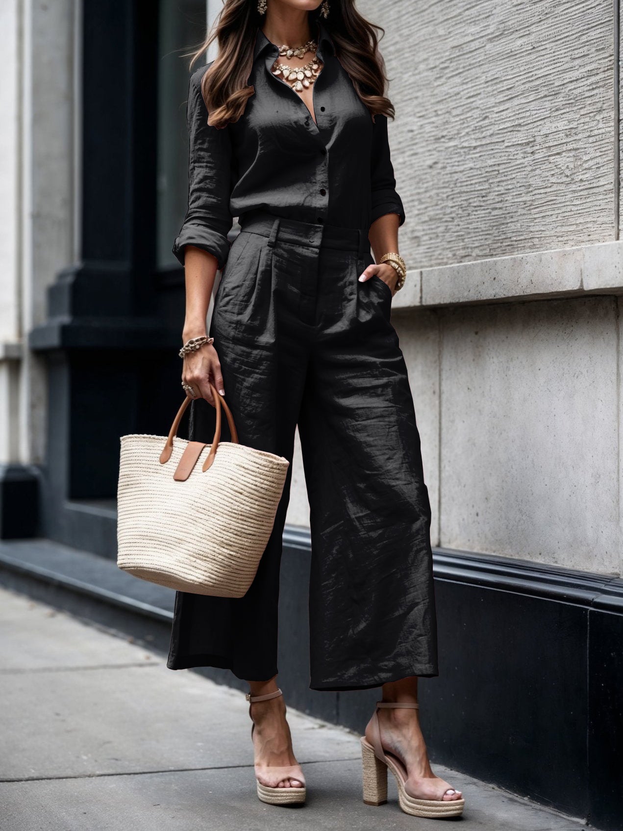 Savina - Vrouwenlinnen set met een ruime blouse en brede broek