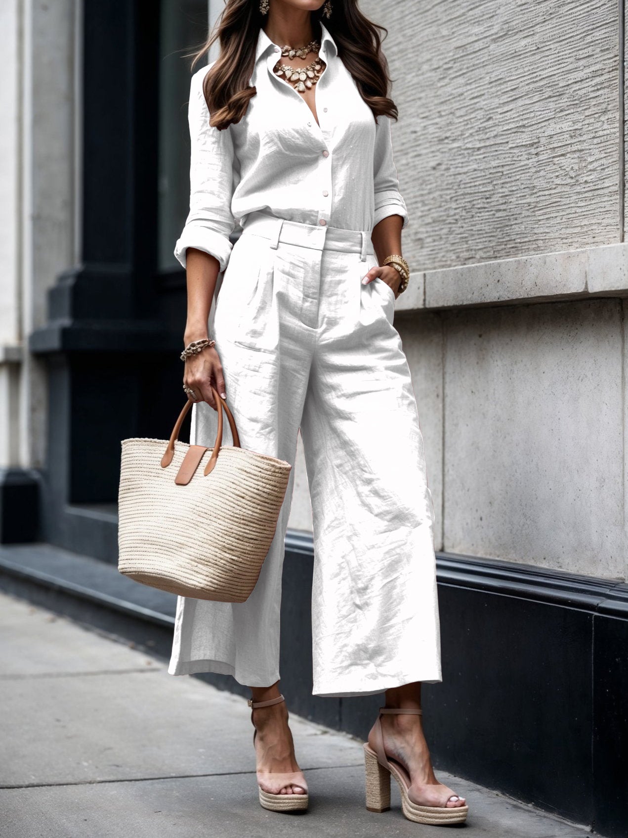 Savina - Vrouwenlinnen set met een ruime blouse en brede broek