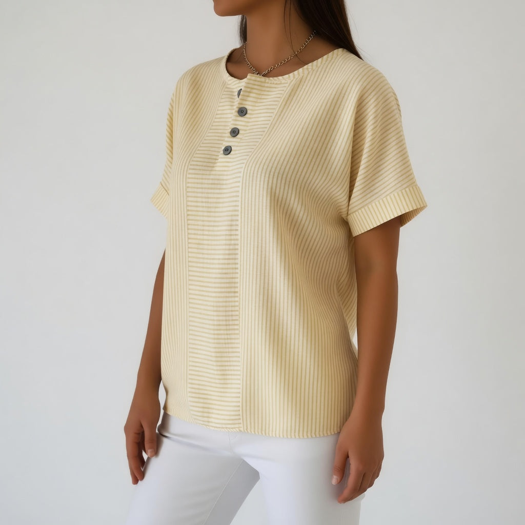Dovinia - Vrouwenblouse van linnen met korte mouwen gestreept casual voor de zomer