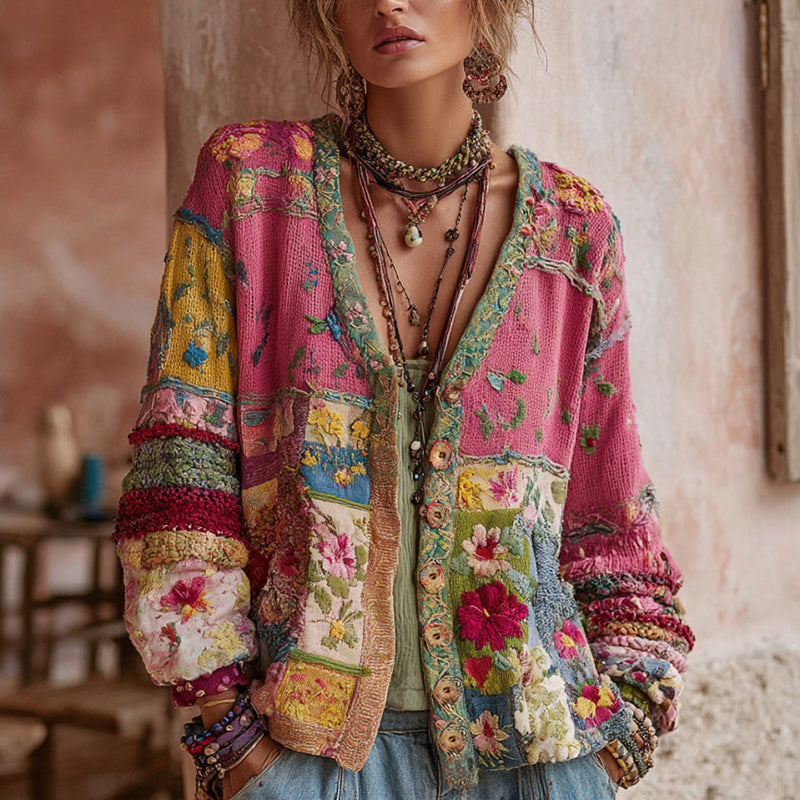 Rynellea - Dames Cardigan Patchwork Boheemse Bloemige Borduurstijl Vintage Chic